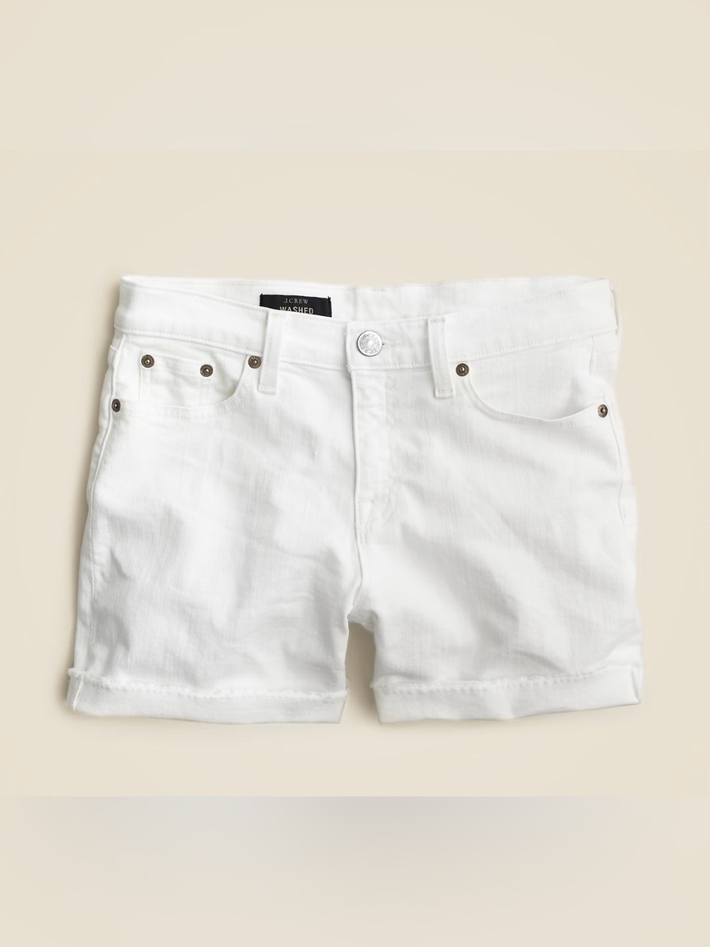 J. Crew Denim Jean Short in White, 4” Inseam, Frayed, Cuffed, Stretch, Size 28